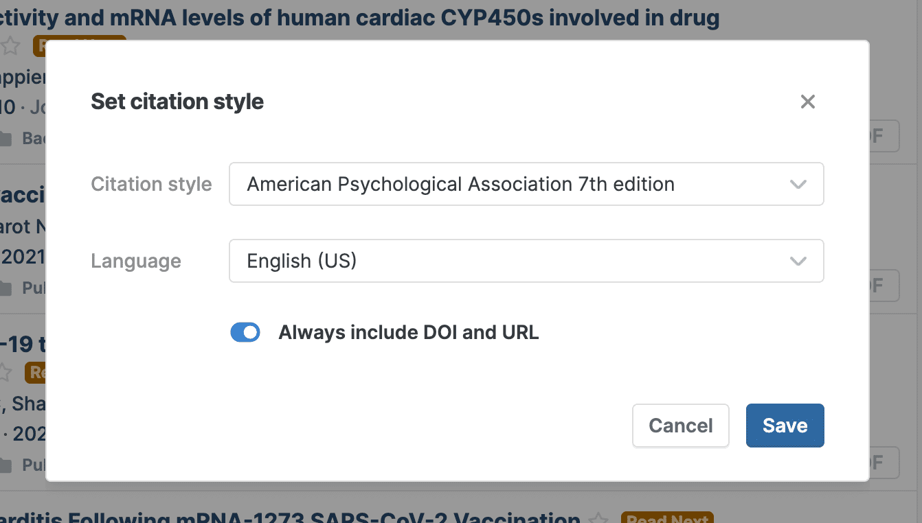 The Set citation style dialog with Citation style set to American Psychological Association 7th edition, Language English (US), an “Always include DOI and URL” toggle switched on, and Cancel and Save buttons.